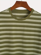 1pc Men's Summer Knit Striped T-Shirt - Soft Breathable Fabric, Classic Round Neck Short Sleeve, Regular Fit for Casual & Outdoor Wear, Multi-Color Striped Design, Daily Outfit, Lightweight Shirt, Basic Tee, Casual Attire - Olive Green