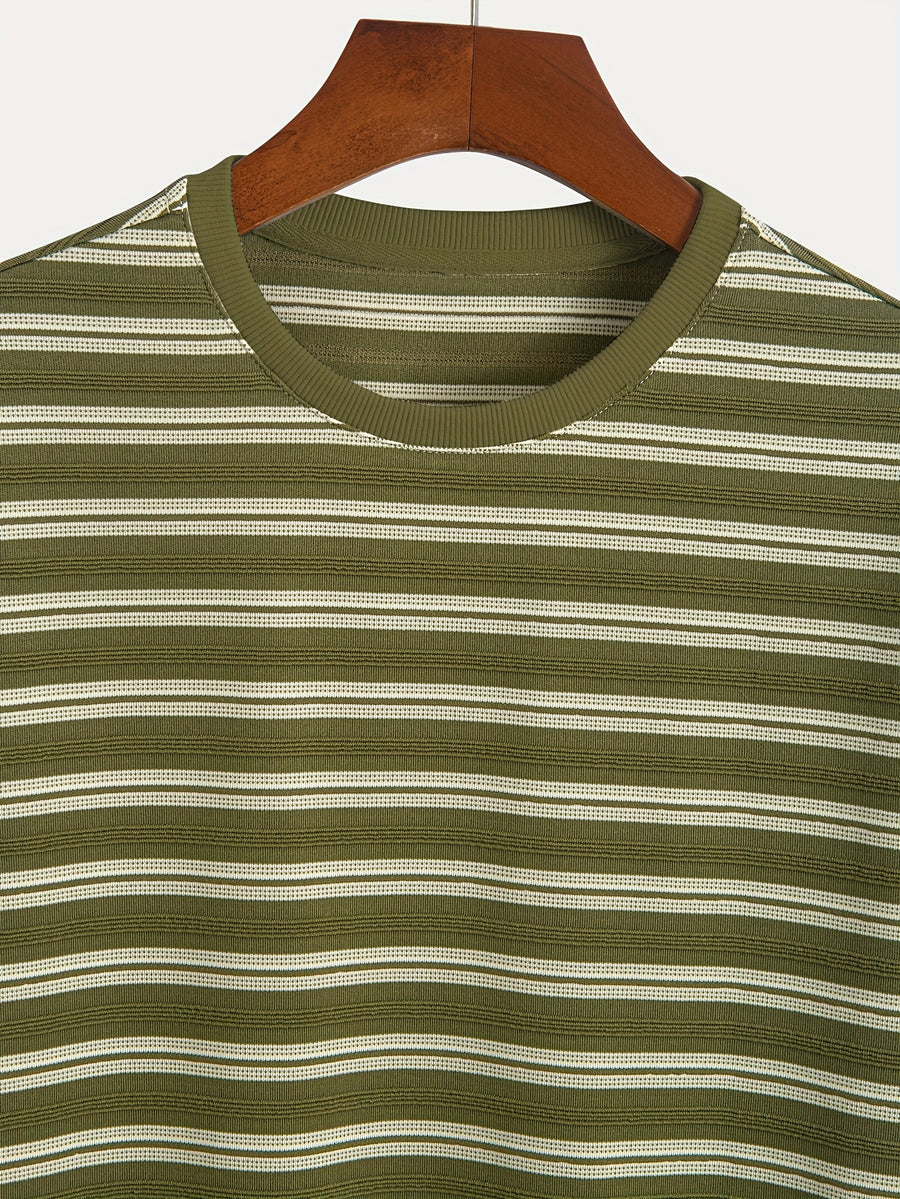1pc Men's Summer Knit Striped T-Shirt - Soft Breathable Fabric, Classic Round Neck Short Sleeve, Regular Fit for Casual & Outdoor Wear, Multi-Color Striped Design, Daily Outfit, Lightweight Shirt, Basic Tee, Casual Attire - Olive Green