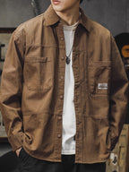 Men'S Cargo Shirt Spring Autumn Long Sleeve Top Vintage Workwear Style Multi-Pocket American Casual Top Outerwear, New Season - Dark Brown