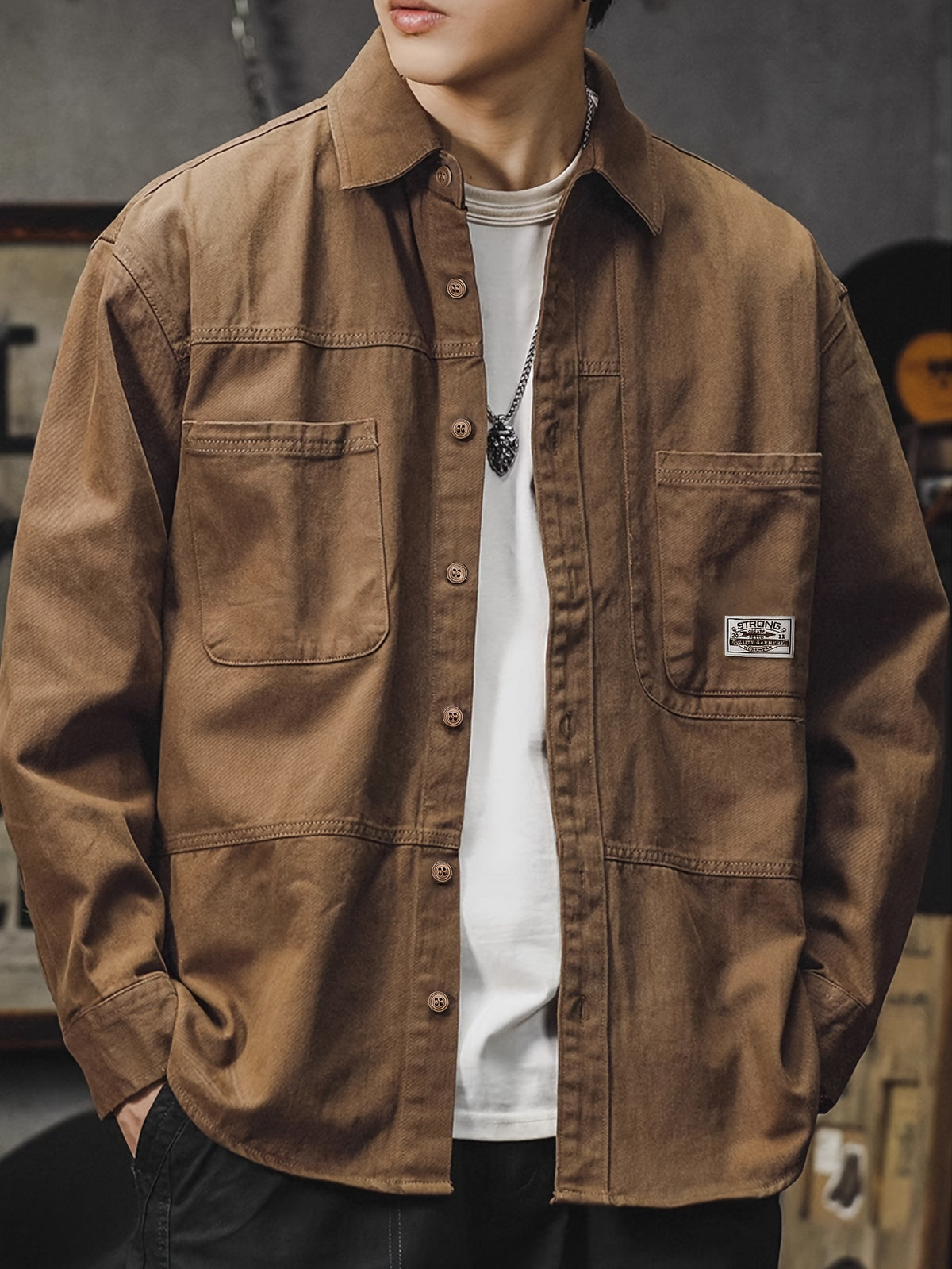 Men'S Cargo Shirt Spring Autumn Long Sleeve Top Vintage Workwear Style Multi-Pocket American Casual Top Outerwear, New Season - Dark Brown