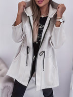 Pocket Zipper Design Drawstring Hooded Coat - Grey