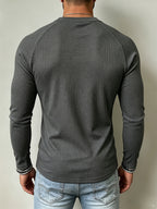 3pcs Set of New Men'S Long Sleeve Drawstring Henley Shirts, Ribbed Knit V-Neck Muscle T-Shirts, Slim Fit Stretch Fitness Tops, Casual Street Fall Winter Base Layers, Slim But Not Tight, Suitable for Commuting And Dates, Multi-Color Options - Gray+black+white