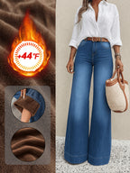 Leg Modifying Figure Covering Commuter Versatile Women'S Denim Long Straight Leg Denim Pants with Fleece Lined Interior, High Waist Single Button Classic Denim Cut, Long Straight Cut with Gradient Texture And Stitched Hem Daily Casual Trousers - Blue