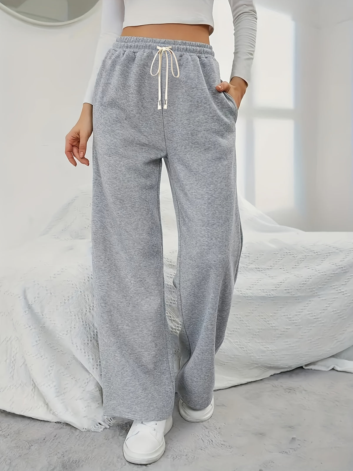 Women's Elegant High-Waisted Wide-Leg Jogger Pants - Navy Blue Tapered Ankle with Drawstring Waist & Double Pocket, All-Season Lightweight Trousers for, Lounge, Outdoor & Casual Attire, Machine Washable Casual Elegant Pants - Space Gray