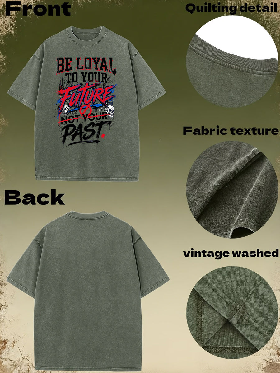 American-Style Washed Vintage Skull Graphic T-Shirt, Dark High Street Fashion Short Sleeves, Loose Fit with Motivational Slogans for Men - Olive Green