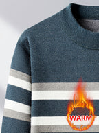 Minimalist Urban -Lined Crewneck Knit Sweater for Warm Daily Commuting - Blue
