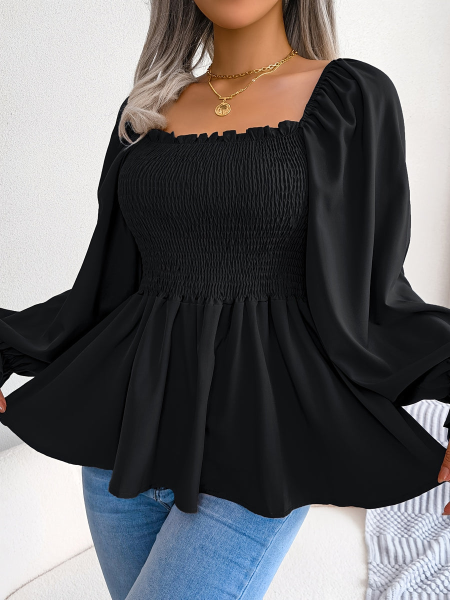 2023 Spring/Summer European and American Casual Solid Color Square Neck Flared Sleeve Ruffle Hem Chiffon Blouse - Black