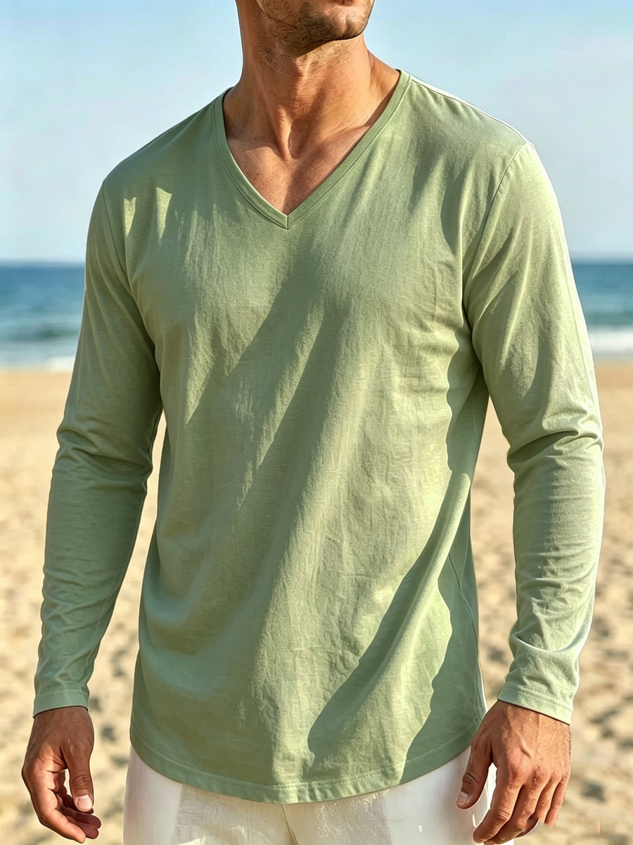 Seaside Vacation Summer Men's V-Neck Long Sleeve Linen Solid Color Casual Long Sleeve T-Shirt - Light Green