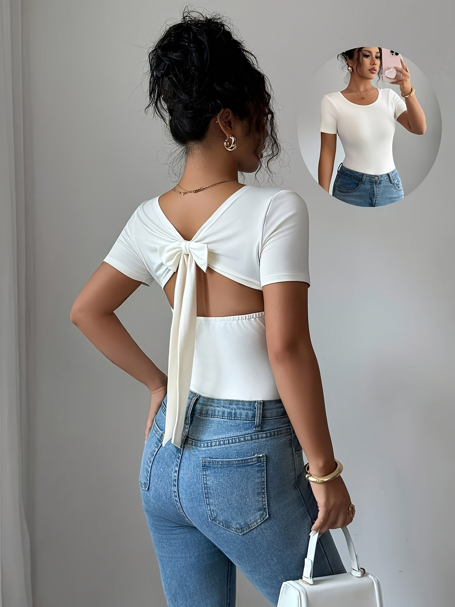 Elegant Vacation and Commute Back Bow Open-Back Top, Women's, Short Sleeve, Nian Nian - White