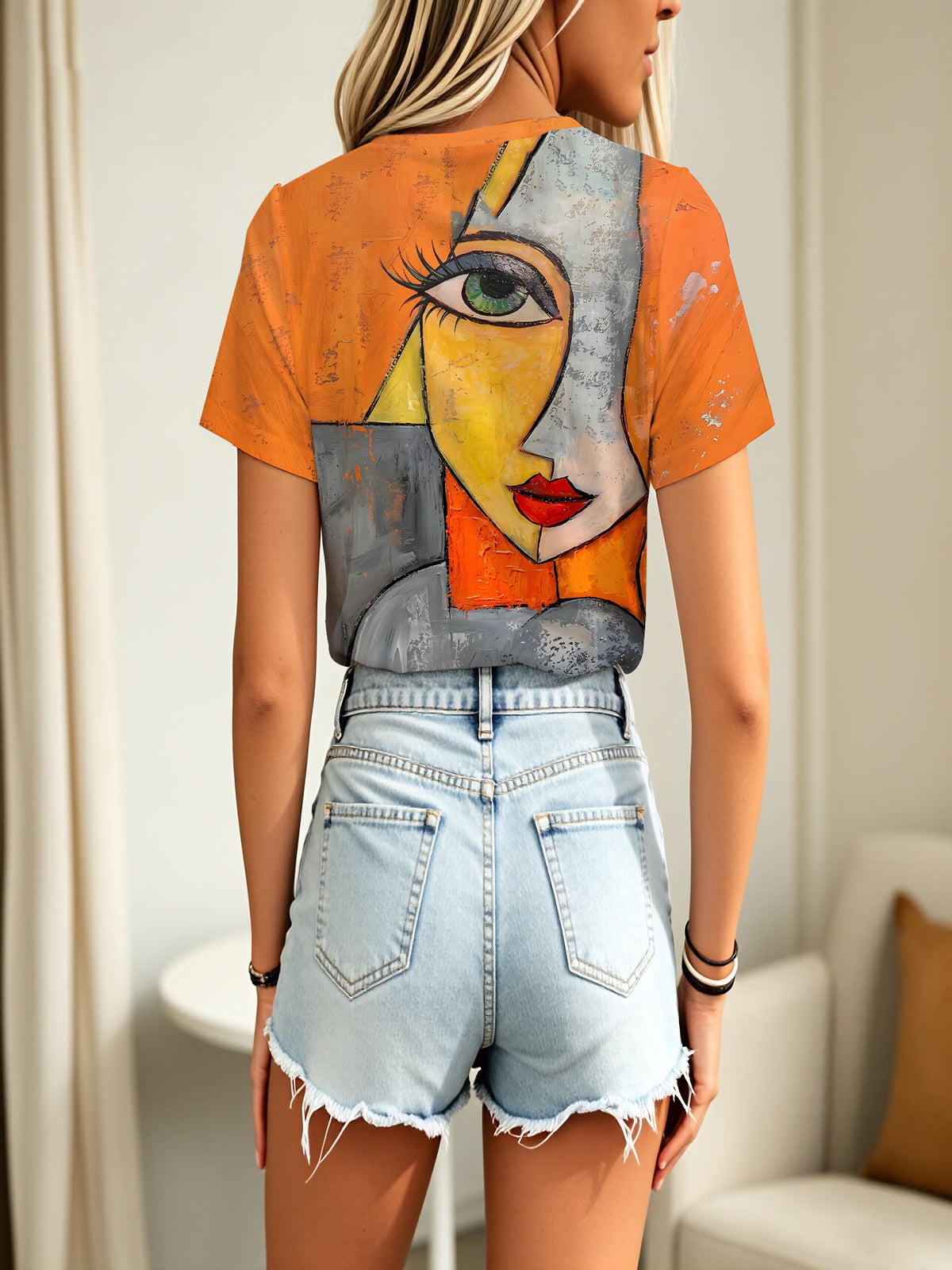 Women'S Summer Orange Vibrant Color Pattern Printed Round Neck Short Sleeve T-Shirt, Breathable Short Sleeve Casual Top, Summer Daily Comfortable Wear - Mixed colors