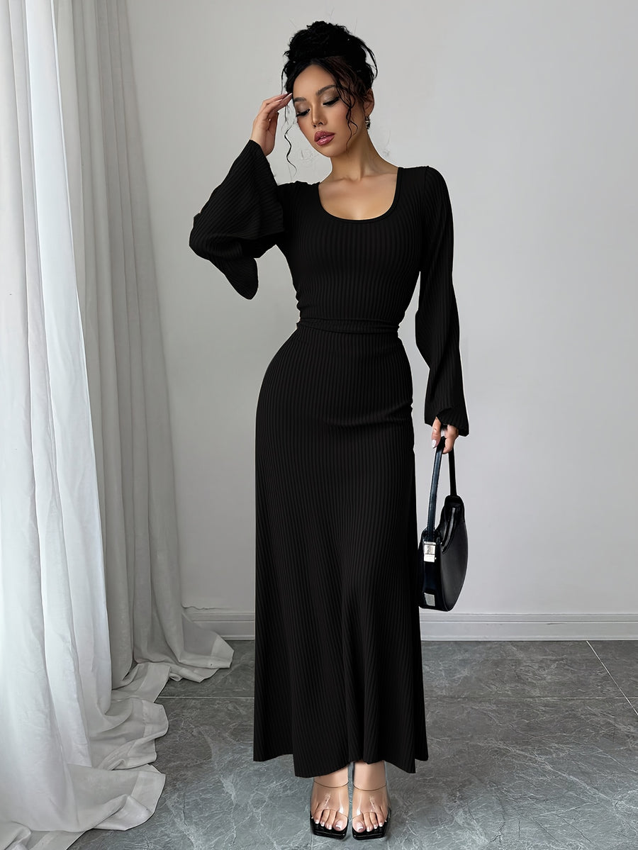 Women'S Solid Ribbed Flared Sleeve Back Tie Traditional Long Dress Elegant Long Dress - Black