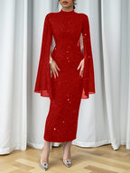 Women's Elegant Slim-Fit Shining Patchwork Dress with Starry Sky Print & Slit Sleeves - Mid-Length Pencil Dress, Stand Collar, Machine Washable for Weddings, Parties, Business Events - Year-Round Wear - Red