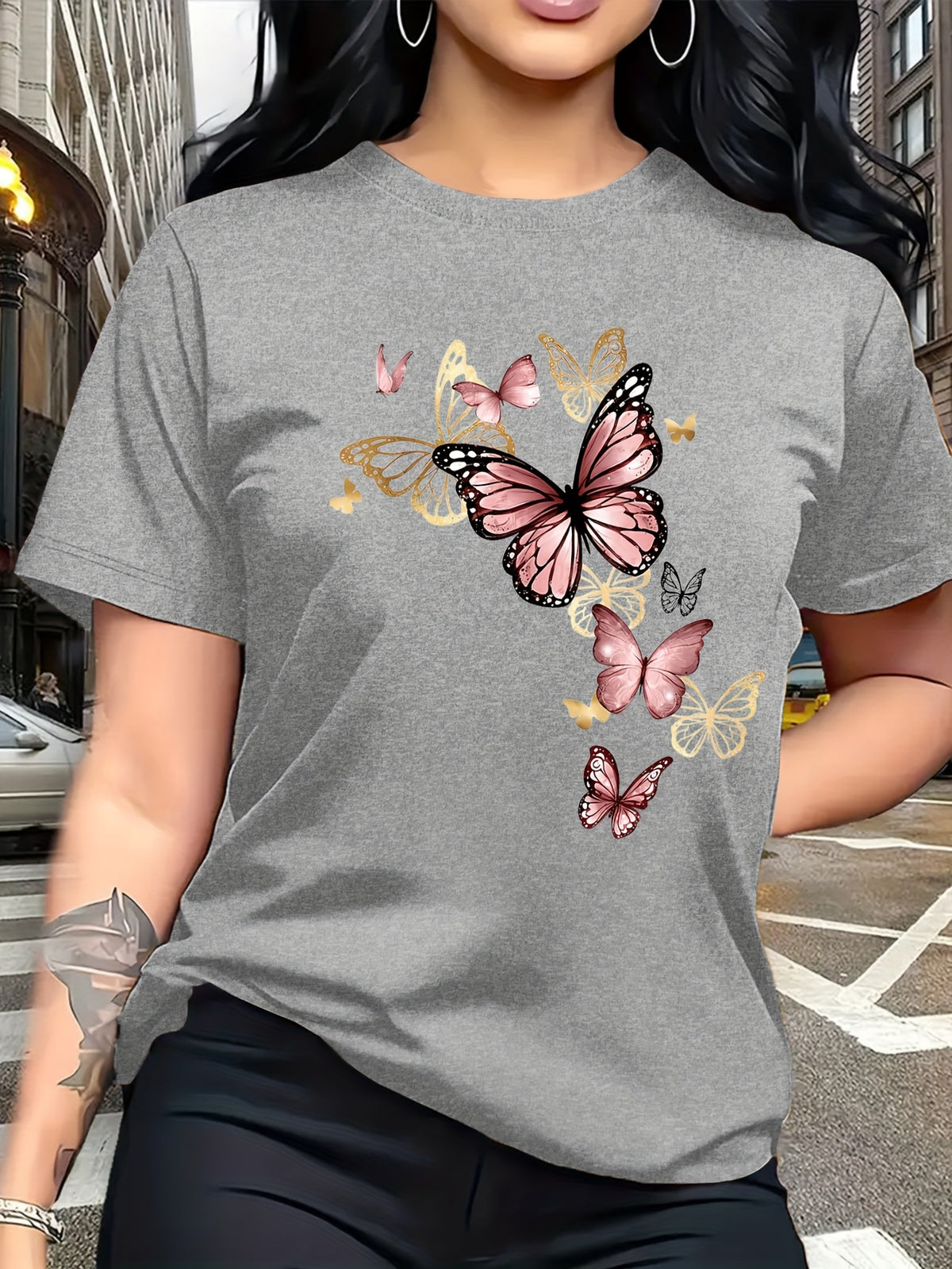 Watercolor Style Butterfly Pattern Print, Fashion Breathable T-Shirt, Family Travel, Campus, Casual, Daily Commute, Sisters' Matching Outfit, Versatile T-Shirt - Light Grey