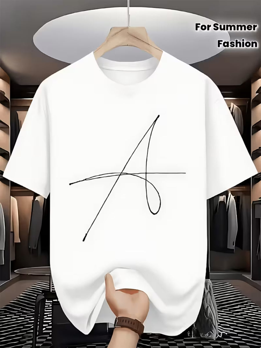 Handwritten Style Letter A Print T-Shirt, Minimalist Line Short Sleeve - White