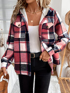 Women'S Casual Plaid Fleece Lined Hooded Regular Jacket, Napped Plaid Fleece-Lined Women'S Top, Hooded Shirt - Brick Red