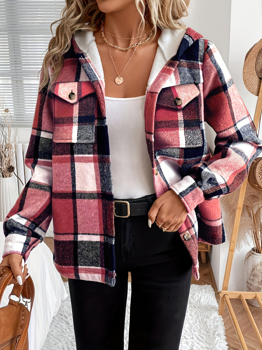 Women'S Casual Plaid Fleece Lined Hooded Regular Jacket, Napped Plaid Fleece-Lined Women'S Top, Hooded Shirt - Brick Red