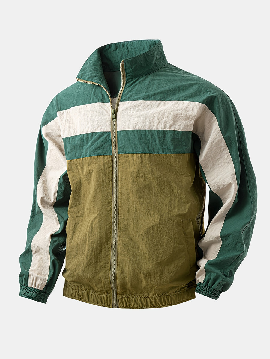 Men'S Color Block Contrast Panel Zip-Up Jacket - Outdoor Windbreaker with Stand Collar for Casual Travel And Hiking - Olive