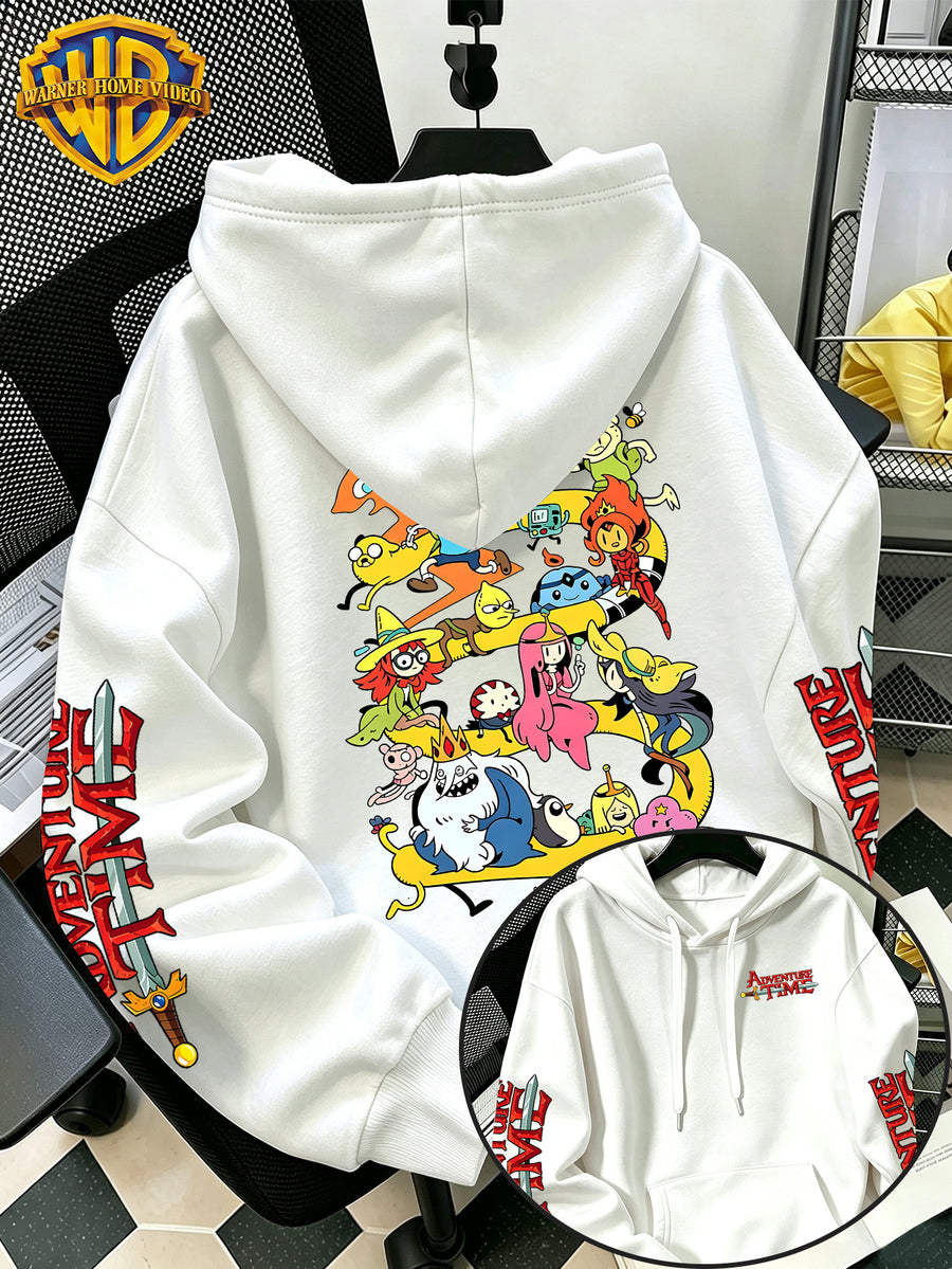 Warner Bros Official Adventure Time Letter B Full Cast All-Around Cartoon Print Hooded Sweatshirt - Men's Casual Versatile Sweatshirt, Comfortable Autumn/Winter Wear, Ideal for Sports, Outdoors, Outings, Travel, and Daily/Commute/Home Use - White