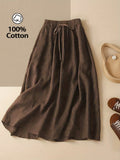Women'S Solid Color Elegant Style Tie Skirt, Women'S Artistic Style Mid-Length Elastic Waist Skirt, Women'S Casual Solid Color Pure Comfortable Skirt with Invisible Pockets, Suitable for Daily Leisure, Commuting, Beach Vacation Wear - Brown