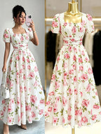 Women'S Elegant Romantic Pink Rose Puff Sleeve Long Dress Suitable for Vacation Travel Dates Afternoon Tea Wedding Parties - Pink