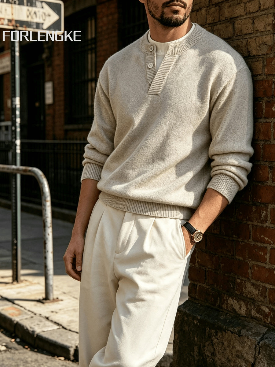 FORLENGKE Autumn/Winter New Arrival Men's Solid Color Long-Sleeve Button-Up Knit Sweater, Soft and Fine Knitted Fabric, Vintage Casual Style, Versatile Pullover for Daily Outings and Outerwear - Apricot