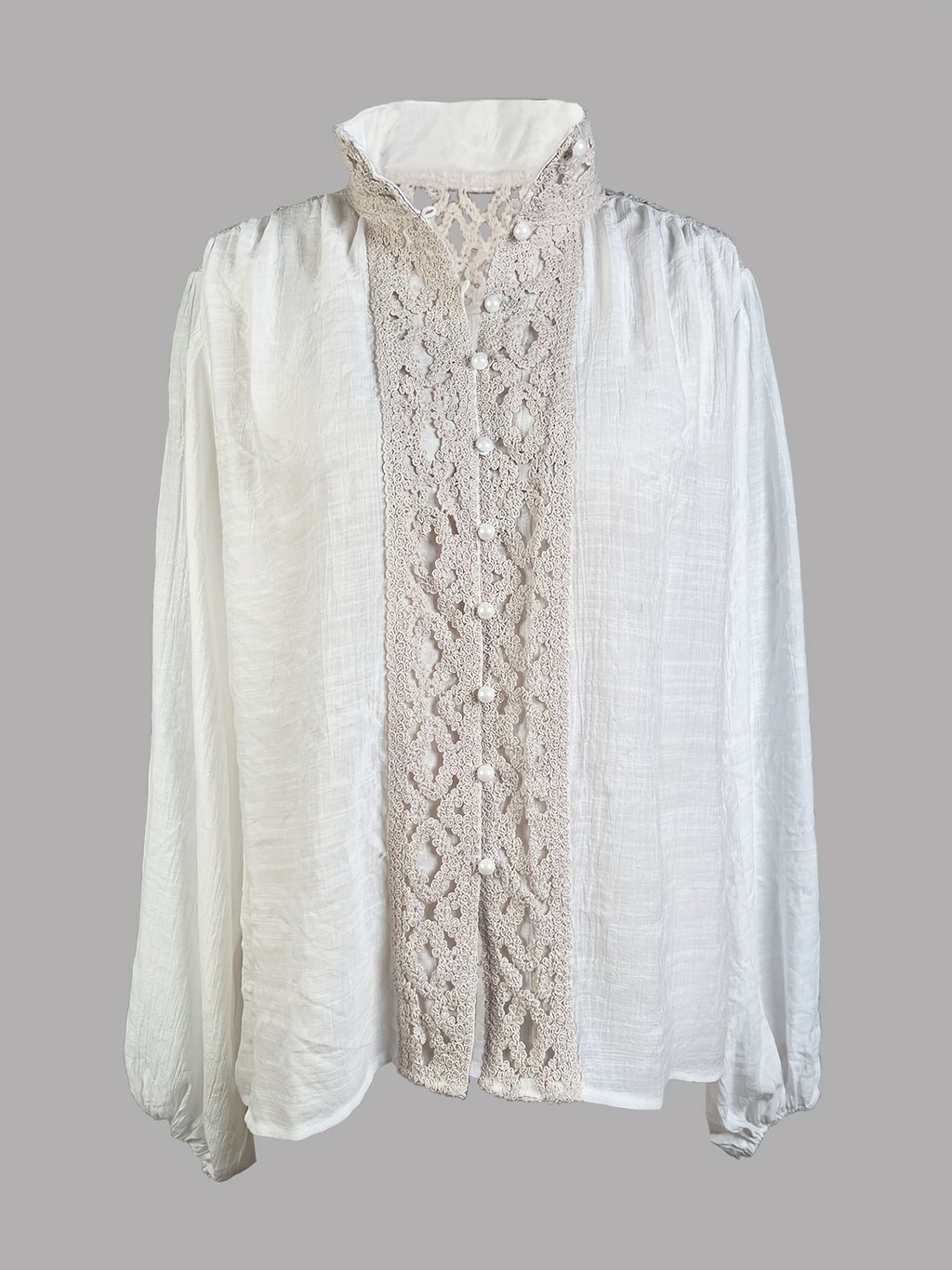 Spring and Autumn Fashionable Elegant Hollow-Out Lace Patchwork Pleated Loose-Fit Women's Long-Sleeve Shirt - White