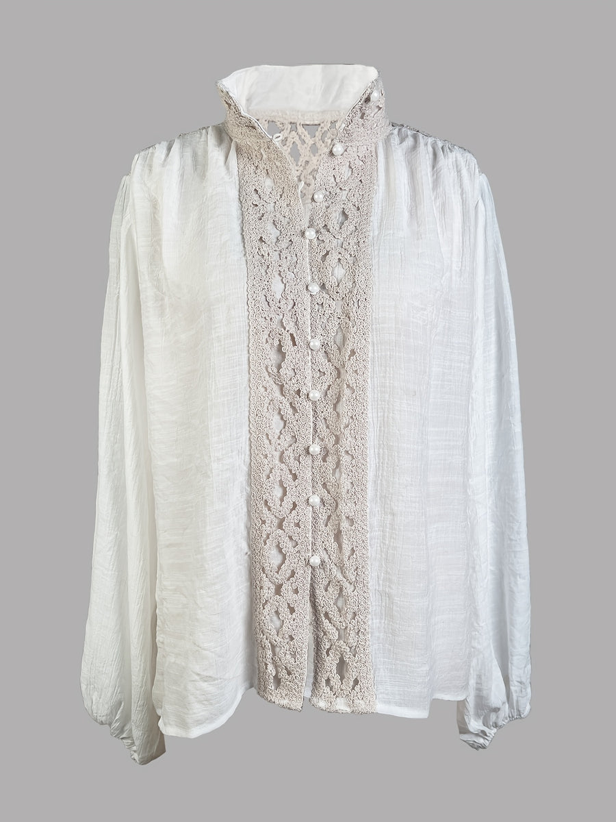 Spring and Autumn Fashionable Elegant Hollow-Out Lace Patchwork Pleated Loose-Fit Women's Long-Sleeve Shirt - White
