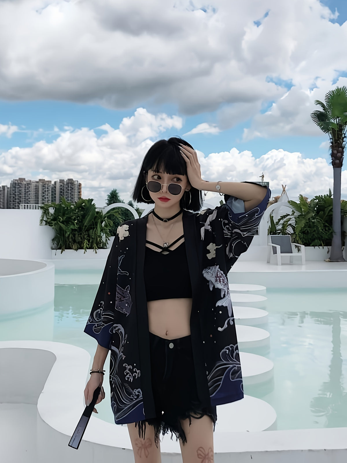 Yukata Lucky Koi Print Three-Quarter Sleeve Kimono Loose Haori Japanese Style Kimono Unisex Couple Wear Travel Casual Lightweight Outerwear Shirt Spring Summer Japanese Cardigan Shawl Group Performance Costume - Black