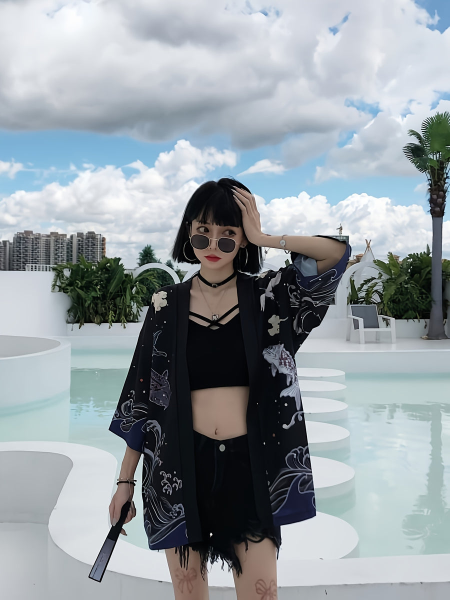 Yukata Lucky Koi Print Three-Quarter Sleeve Kimono Loose Haori Japanese Style Kimono Unisex Couple Wear Travel Casual Lightweight Outerwear Shirt Spring Summer Japanese Cardigan Shawl Group Performance Costume - Black