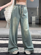Women's Elegant Distressed Wide-Leg Pants with Belted Waist - Washed Straight Leg Jeans, Mid-Rise Length for Fall, Casual & Dressy Outfits (Non-Stretch) - Light Blue