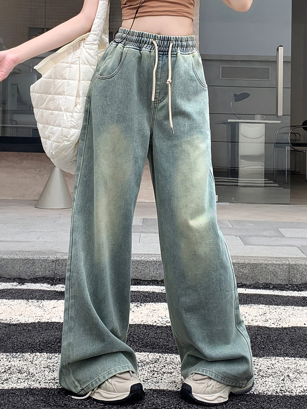 Women's Elegant Distressed Wide-Leg Pants with Belted Waist - Washed Straight Leg Jeans, Mid-Rise Length for Fall, Casual & Dressy Outfits (Non-Stretch) - Light Blue