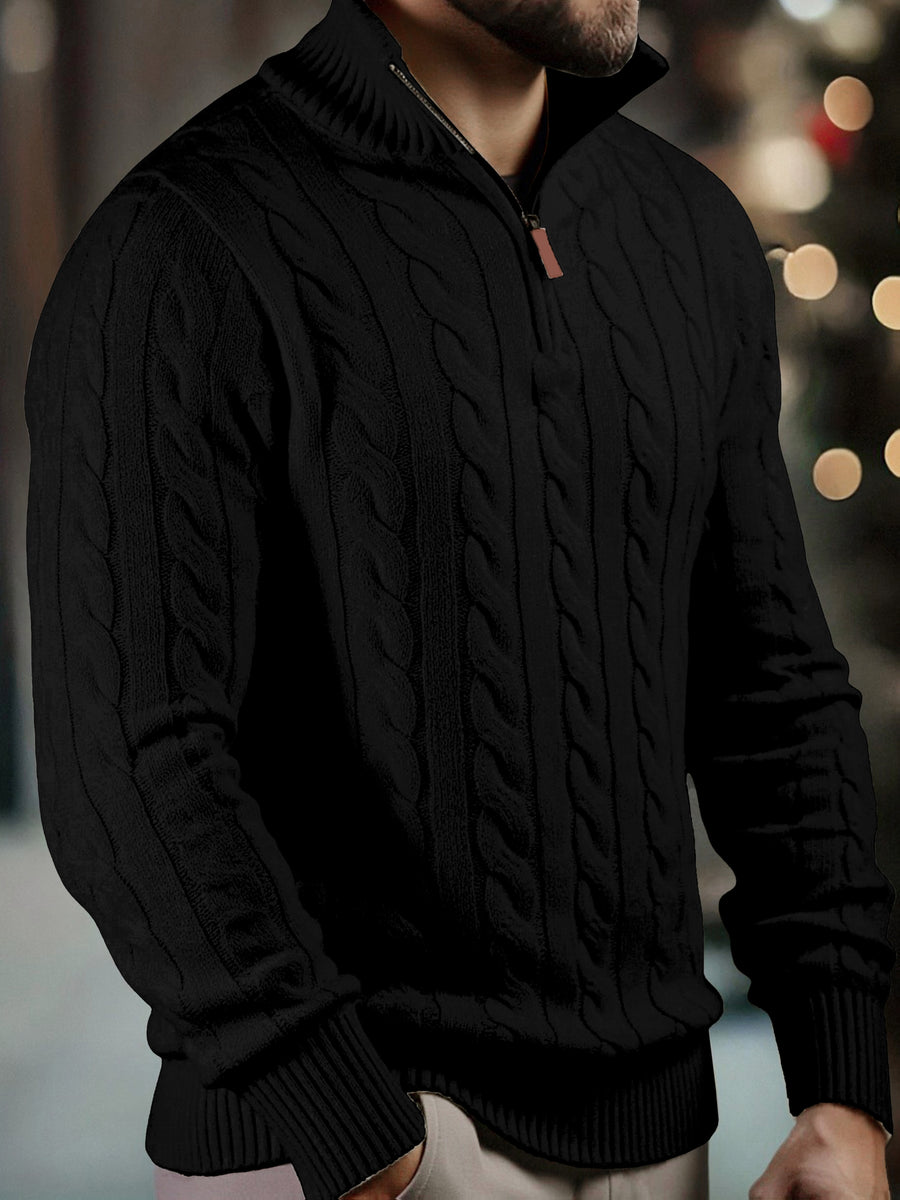 Men's Fashion High-Neck Zipper Twist Knit Sweater, Solid Color Versatile Pullover, Soft Medium-Stretch Fabric, Suitable for Autumn/Winter Office, Date Night, Casual Wear, Ideal as a Gift - Black