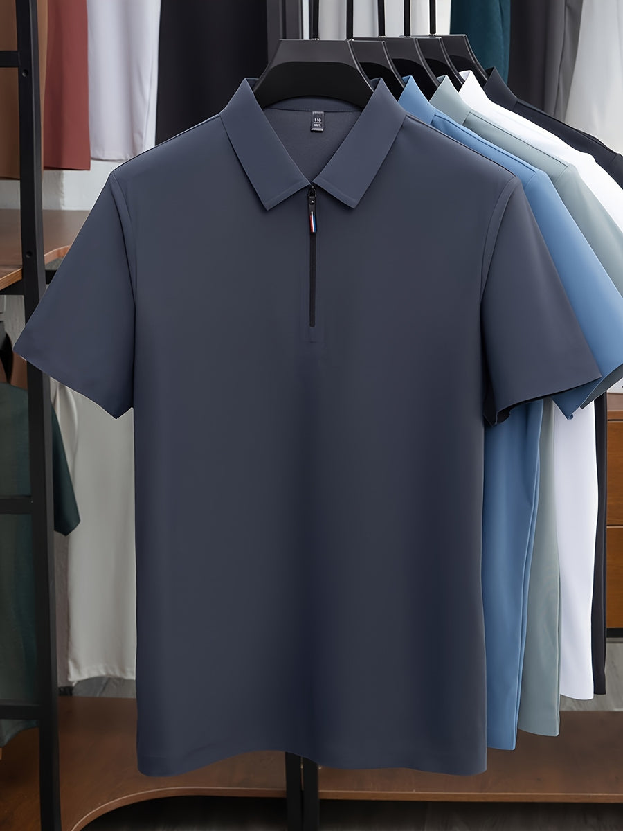 Men's Summer Short-Sleeve Half-Zip Lapel Polo Shirt - Solid Color T-Shirt Suitable for Casual & -Casual Wear, Breathable Half-Zip Collar, Short Sleeve Lapel Collar, Hand Washable Solid Color Polo Tee for Office or Everyday Outfits - Dark Gray
