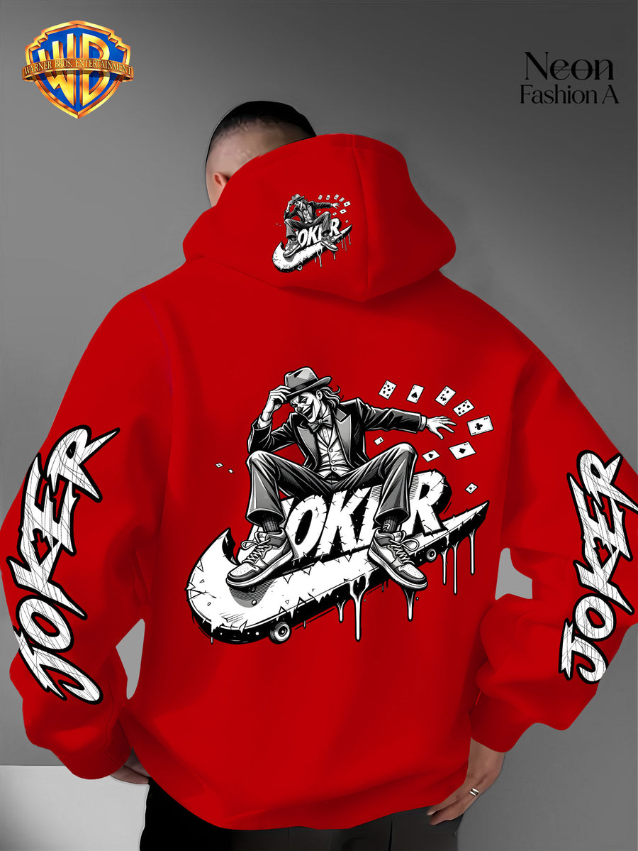 Warner Bros. Official Men'S Autumn Winter Trendy Print Hooded Fleece Sweatshirt, Long Sleeve Pullover Hoodie, Black And White Line Art Skateboard Joker Dripping Graffiti Trendy Print Pattern, Kangaroo Pouch And Drawstring Design - Red