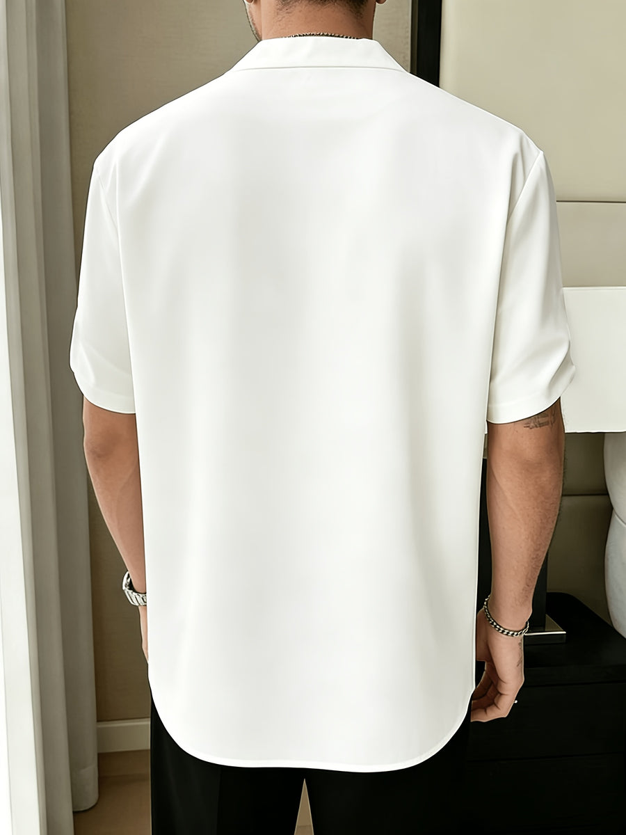 Men's V-neck Short-Sleeve Shirt, Casual Loose Fit Top, Fashionable Street Style Summer Daily Wear T-shirt - White