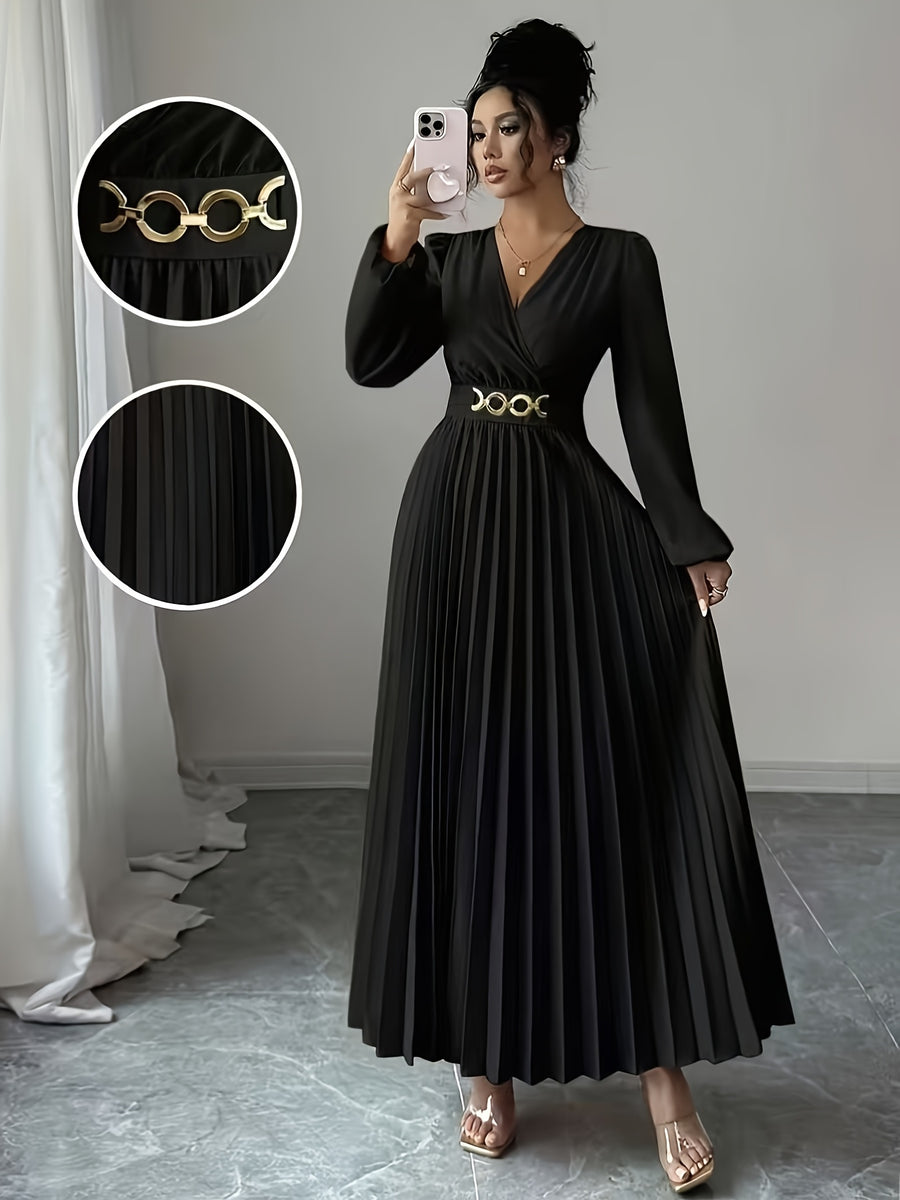 Solid Color V-Neck Long Sleeve Draped Hem Elegant Maxi Dress - Black