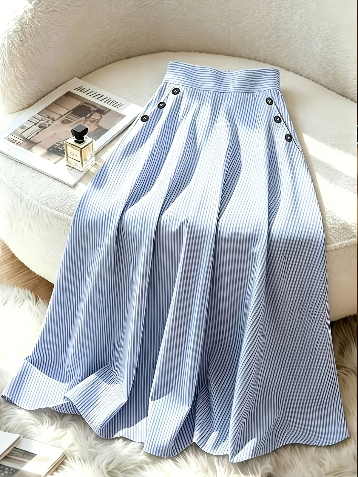 ZJ0701014 Women's Fashion Striped Print Skirt, Machine Washable, Suitable for Office and Daily Wear - Blue