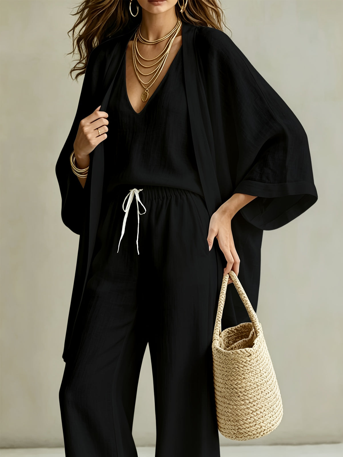 3pcs Set, Women's Spring/summer Vacation-style Loose Spaghetti Strap Tank Top with Cardigan and Loose Wide-leg Pants Casual Set, Elegant and Fashionable, Comfortable and Casual, Suitable for Commuting Wear - Black
