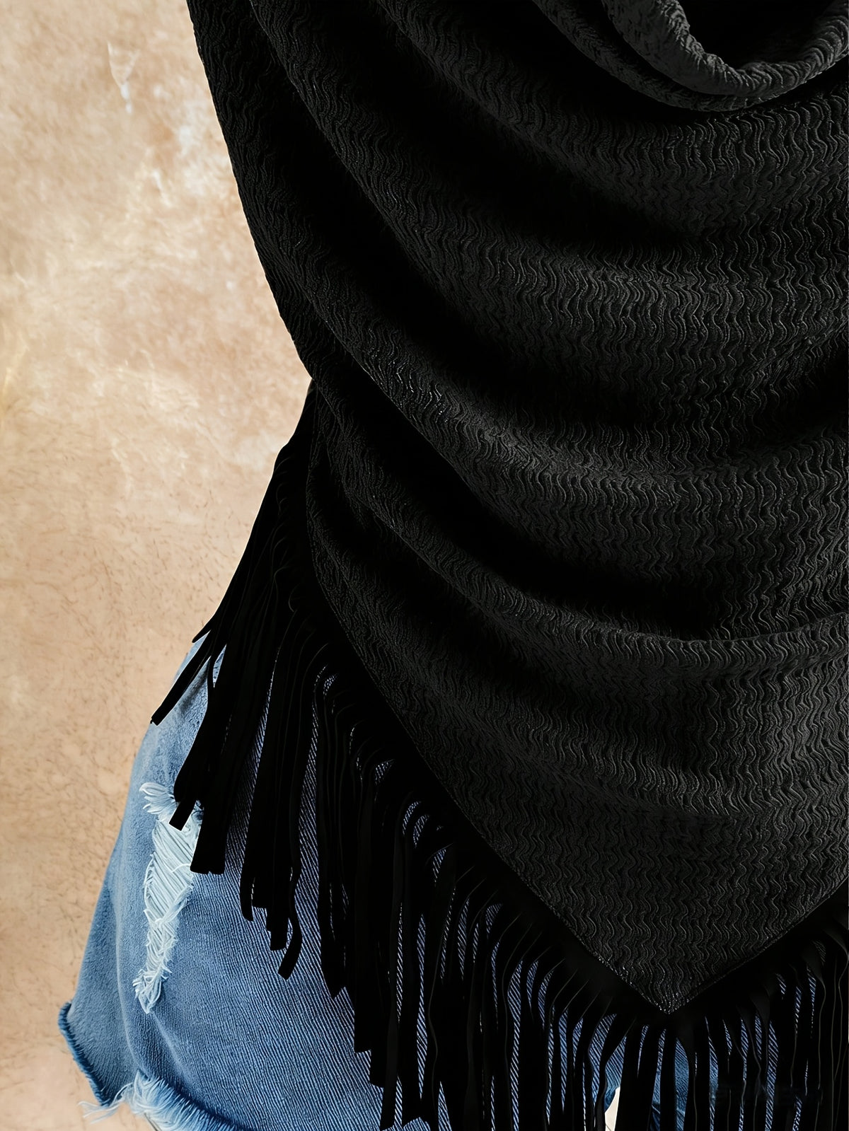 Cross-border Fashion Women's Summer Vacation Casual New Texture Sleeveless Top with Patchwork Fringe Trim and Swing Neckline, Bohemian Beach Style - Black