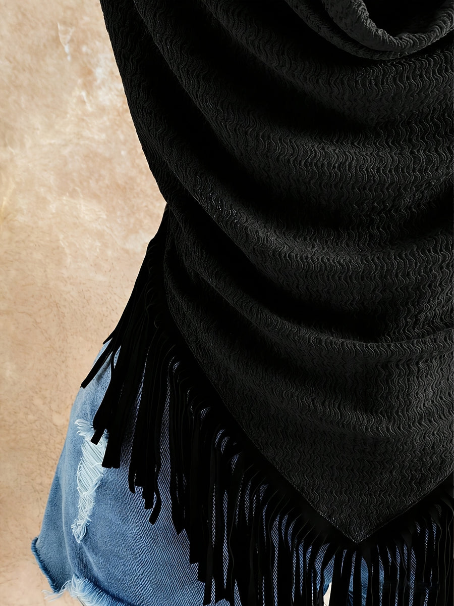 Cross-border Fashion Women's Summer Vacation Casual New Texture Sleeveless Top with Patchwork Fringe Trim and Swing Neckline, Bohemian Beach Style - Black