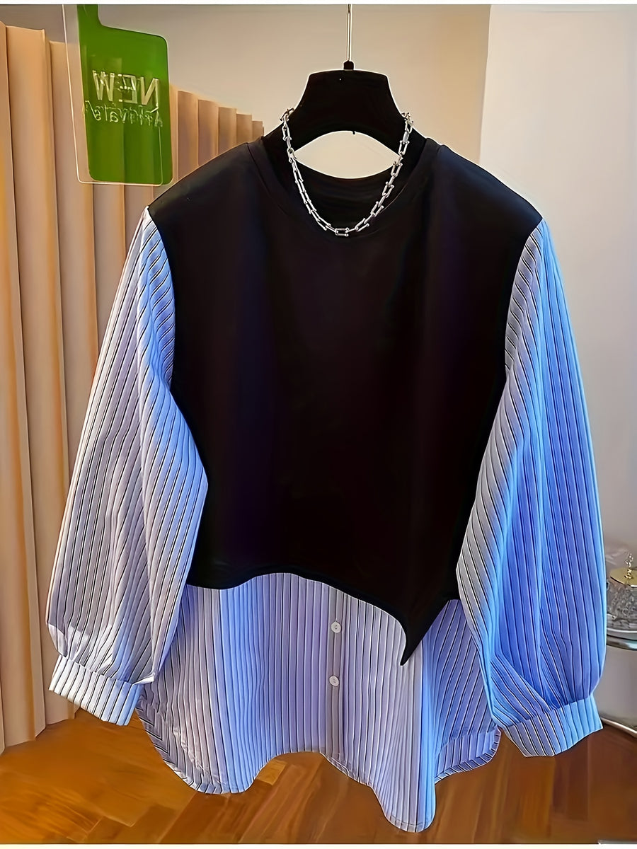 Korean Striped Design Round Neck Sweatshirt Women'S Early Spring New Faux Two-Piece Patchwork Shirt - Multicolor