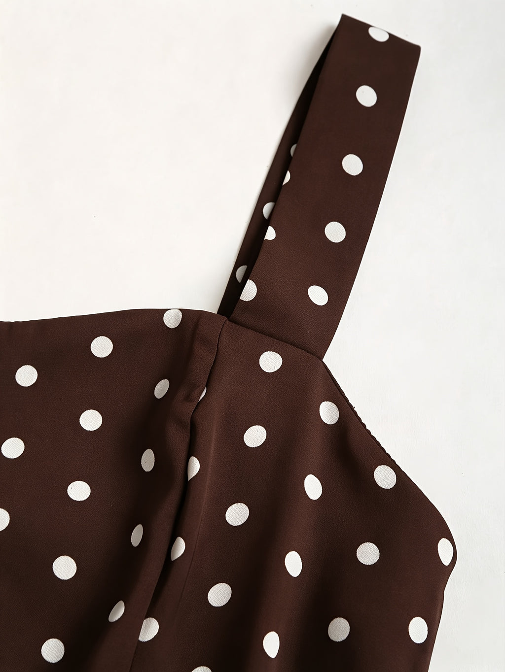 Vintage Elegant Polka Dot Cami Dress, Back Ruched Waist Tie-Up Slim Fit, Date Vacation Daily Commute Outfit, Graduation Season Concert - Dark Brown