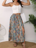 Women's Floral Elastic Waist Slit Skirt - Multicolor