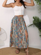Women's Floral Elastic Waist Slit Skirt - Multicolor