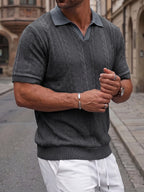 2pcs Men's Summer Jacquard Ribbed Lapel Loose Fit T-Shirt Golf Casual Business Versatile Knit Short Sleeve Polo Shirt - Dark Grey+Black
