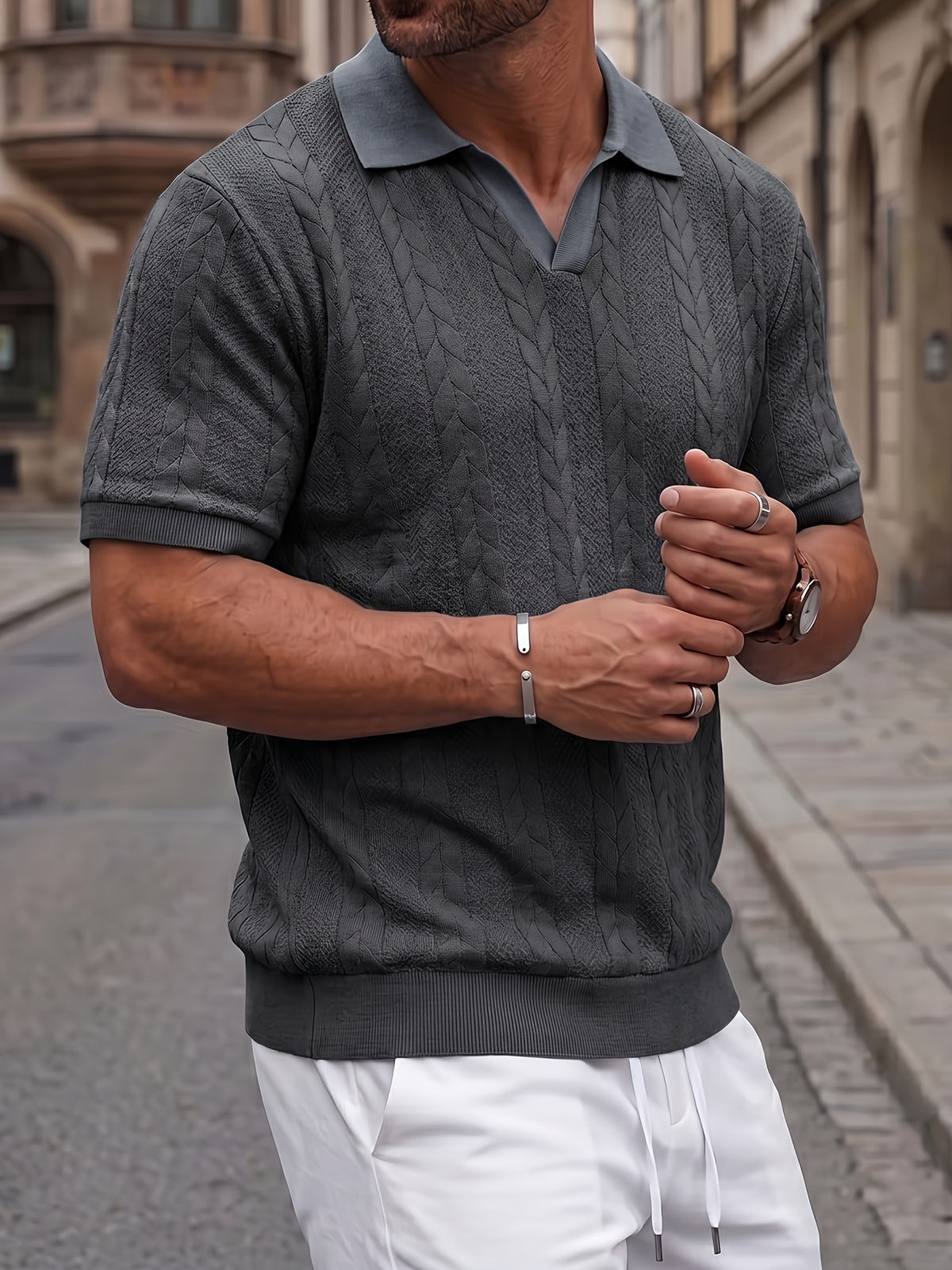 2pcs Men's Summer Jacquard Ribbed Lapel Loose Fit T-Shirt Golf Casual Business Versatile Knit Short Sleeve Polo Shirt - Dark Grey+Black