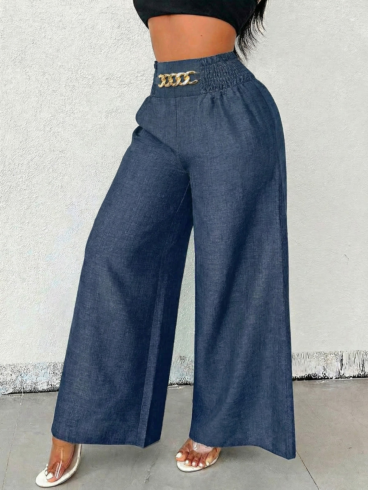 【imitation denim】[Printed Pants - Not Faux Denim Fabric]Women'S Elegant And Fashionable Faux Denim Waist Metal Buckle Elastic Waist Wide-Leg Pants, Solid Color Casual Comfortable Commuting Street Vacation Slightly Loose Straight-Leg Pants - Sea Blue