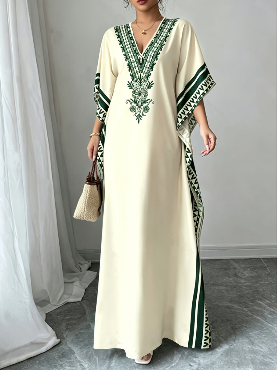 Elegant Middle Eastern Style V-Neck Batwing Sleeve Turkish Robe Dress - Long Loose Side Slit Design, Machine Washable for Spring Summer Fall Casual And Formal Wear, Tassel Fabric Soft And Breathable, Bohemian Vacation Style - Ocean Green