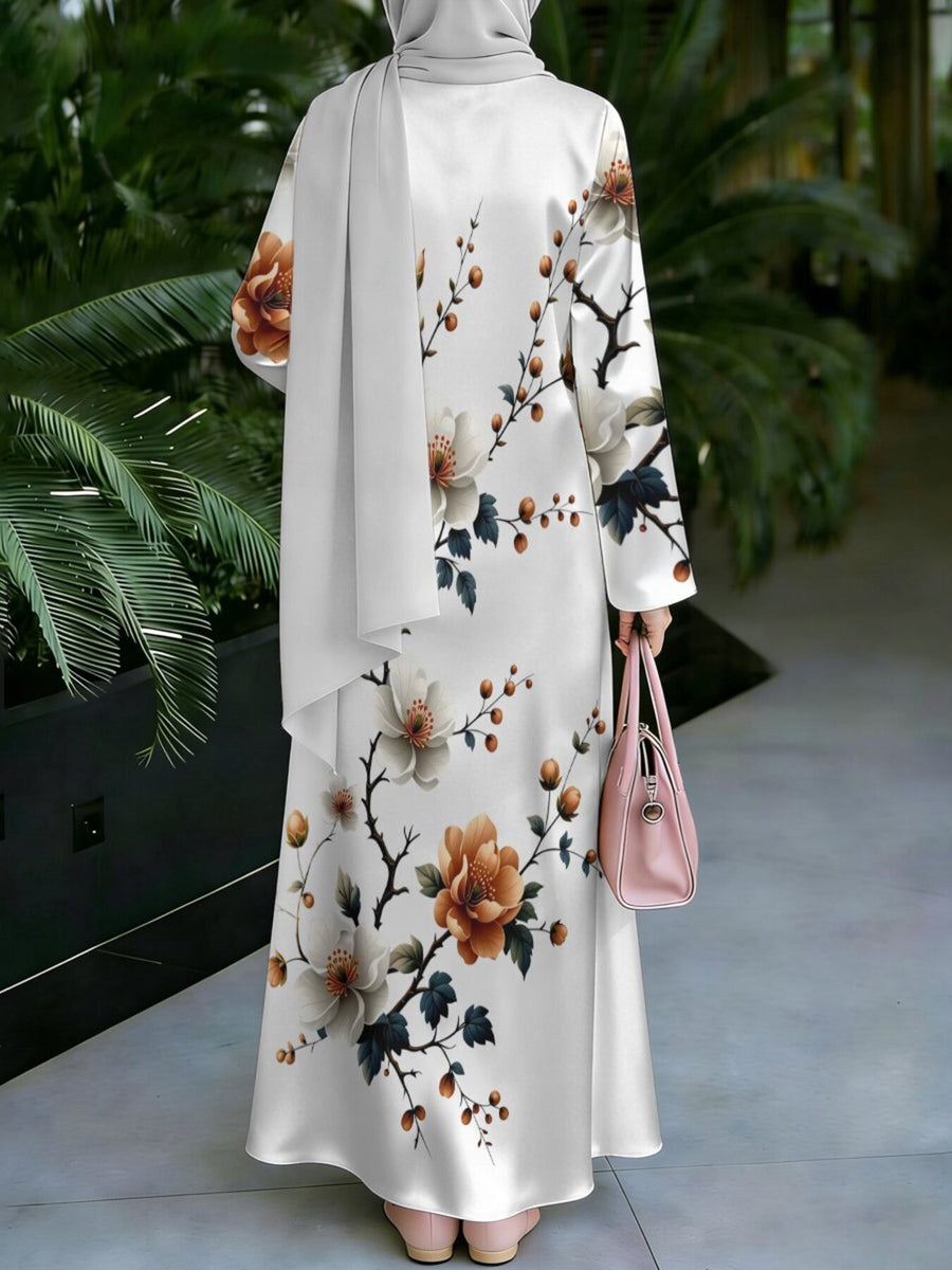 Women's Middle Eastern Style Muslim Elegant Robe, White Dress with Orange Floral Branch Botanical Print, Long Loose Fit Dress with Wide Sleeves and Full Skirt, for Daily Social and Prayer Wear, Skin-Friendly and Breathable Non-Embroidered Craft - Mixed colors