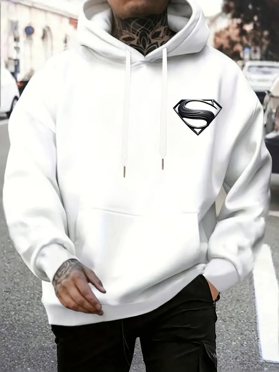 WB Warner Men'S New Trendy Hoodie, Superman Classic Logo Printed Design Hoodie, Daily Casual Drawstring Hoodie, Long Sleeve Hoodie, Machine Washable, Multifunctional Sports And Leisure Loose Fit Men'S Hoodie - White